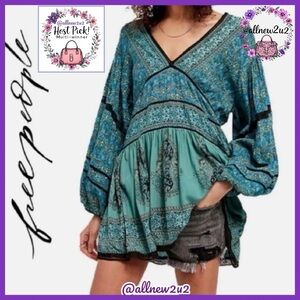 Free People Tunic Luna Scarf Print Romantic Babydoll Ocean Combo Rayon Host Pick